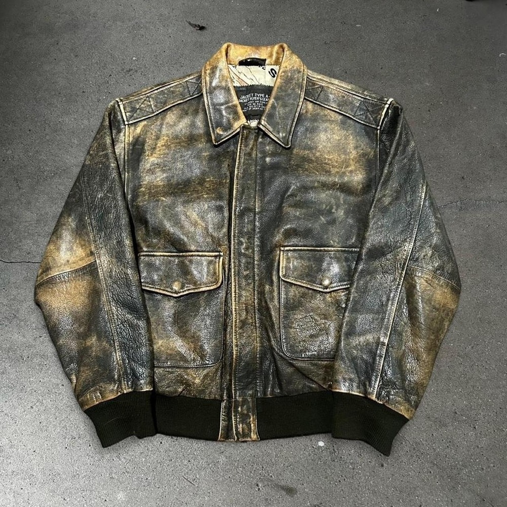 Vintage brown leather faded military pilot type a2 bomber jacket Size L